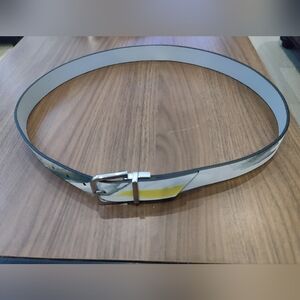 Calvin Klein Reversible Belt Size XL Printed Leather Yellow/Grey Silver hardware